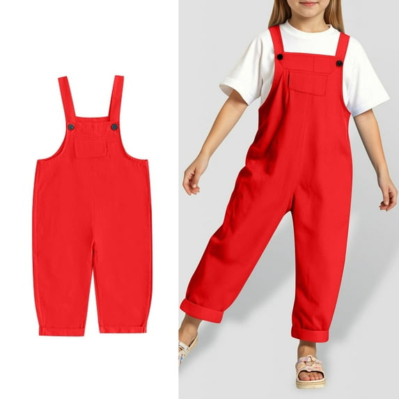 Little Girls Sleeveless Jumpsuit Casual School Romper Red Bib Pants with Pockets Spring Summer Romper Cute Outfits for Girls 6-7 Years