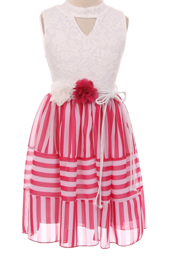 Little Girls Sleeveless Lace Bodice Stripe Chiffon Easter Flower Girl Dress USA Hot Pink 4 (2J1K1S1)