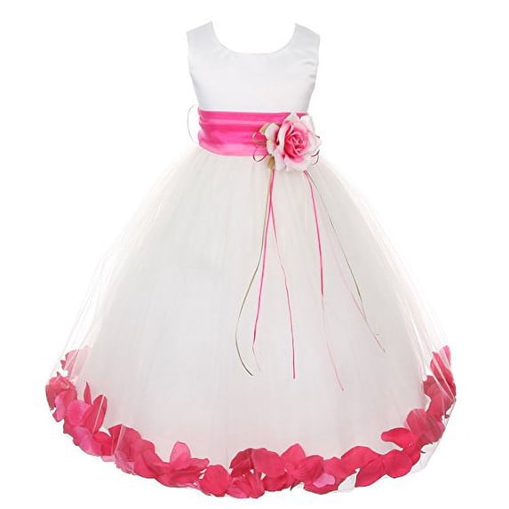 Little Girls Sleeveless Satin Flower Petal Sash Flowers Girls Dresses White Fuchsia 2 (K16D0B)