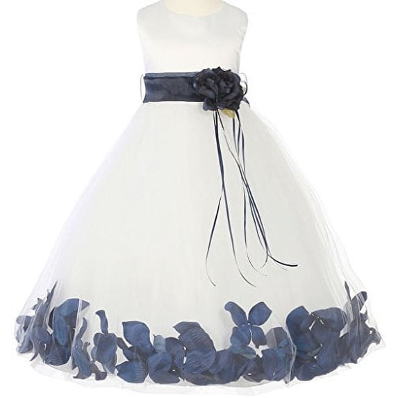Little Girls Sleeveless Satin Flower Petal Sash Flowers Girls Dresses White Navy 4 (K16D0B)