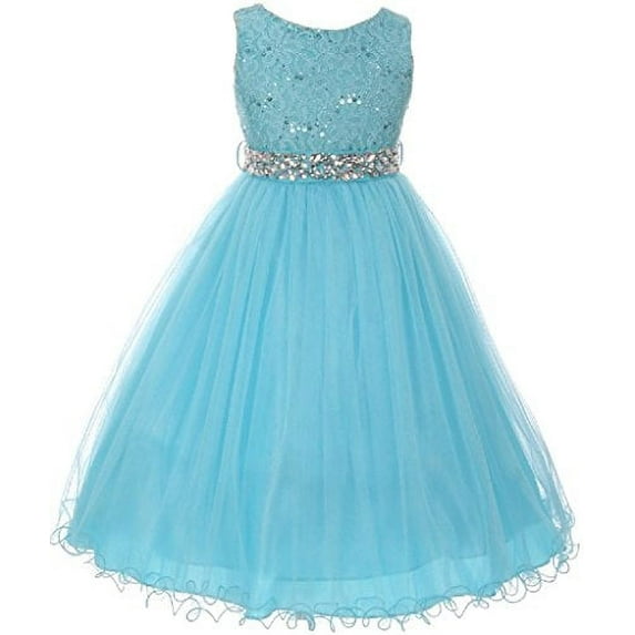 Little Girls Sleeveless Sequins Rhinestones Tulle Pageant Flower Girl Dress Turquoise 6 (M3B4K0)