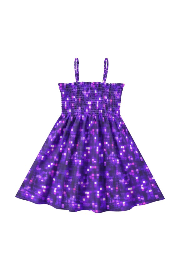 Little Girls Sleeveless Sundress Pleated Ruffle Trim Smocked Top Casual Spaghetti Strap Summer Dress Abstract Purple Square Image 2Y