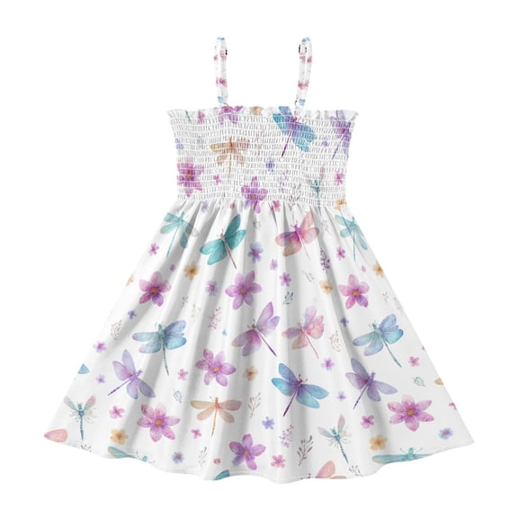 Little Girls Sleeveless Sundress Pleated Ruffle Trim Smocked Top Casual Spaghetti Strap Summer Dress Butterfly and Dragonfly Pattern 2Y