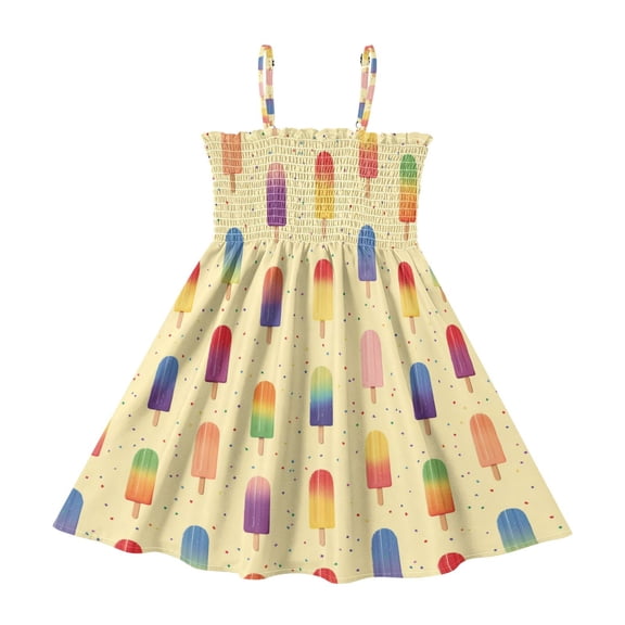 Little Girls Sleeveless Sundress Pleated Ruffle Trim Smocked Top Casual Spaghetti Strap Summer Dress Colorful Popsicles Pattern 2Y
