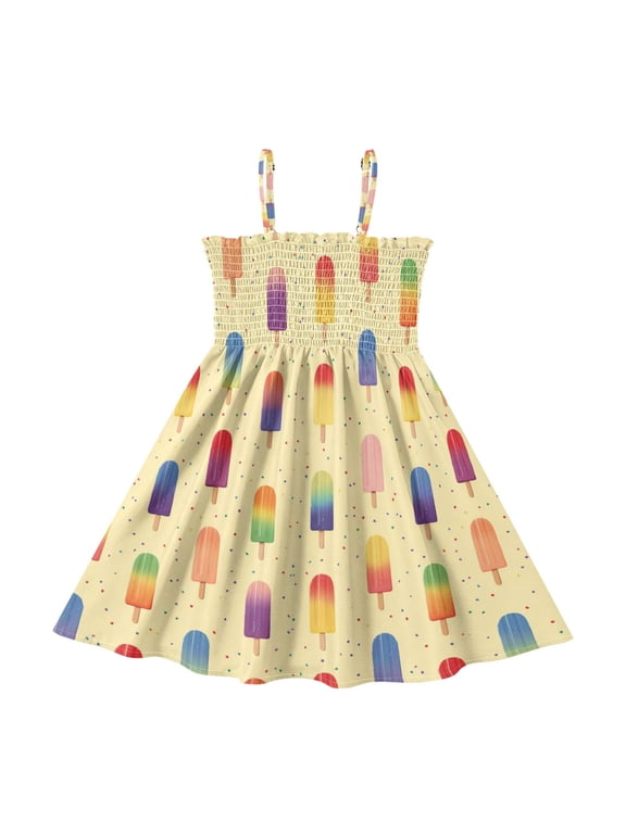 Little Girls Sleeveless Sundress Pleated Ruffle Trim Smocked Top Casual Spaghetti Strap Summer Dress Colorful Popsicles Pattern 2Y