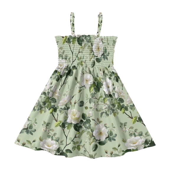 Little Girls Sleeveless Sundress Pleated Ruffle Trim Smocked Top Casual Spaghetti Strap Summer Dress Delicate White Floral Pattern 2Y