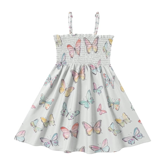 Little Girls Sleeveless Sundress Pleated Ruffle Trim Smocked Top Casual Spaghetti Strap Summer Dress Hand-drawn Pastel Colors Butterflies 2Y