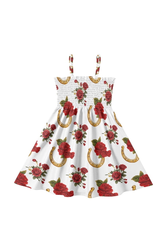Little Girls Sleeveless Sundress Pleated Ruffle Trim Smocked Top Casual Spaghetti Strap Summer Dress Horseshoe Pattern with Red Roses 4Y