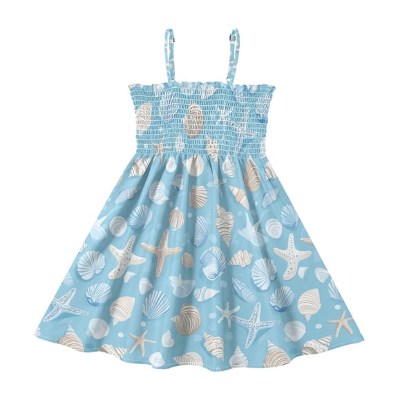 Little Girls Sleeveless Sundress Pleated Ruffle Trim Smocked Top Casual Spaghetti Strap Summer Dress Light Blue Seashells and Starfish 2Y
