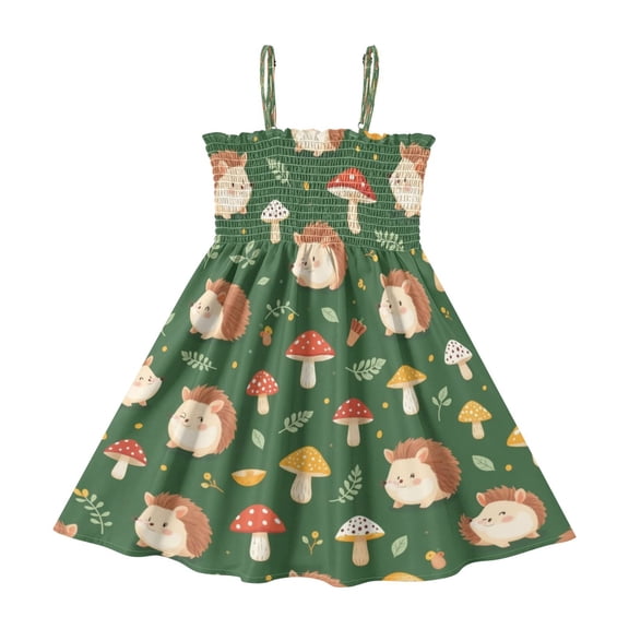 Little Girls Sleeveless Sundress Pleated Ruffle Trim Smocked Top Casual Spaghetti Strap Summer Dress Light Brown Hedgehog Design 2Y