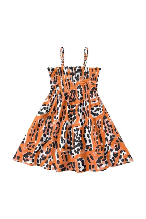 Little Girls Sleeveless Sundress Pleated Ruffle Trim Smocked Top Casual Spaghetti Strap Summer Dress Orange Leopard Print 3Y