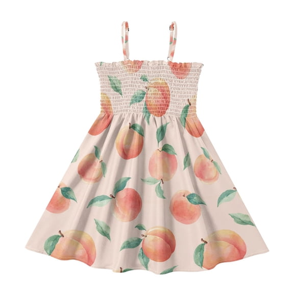 Little Girls Sleeveless Sundress Pleated Ruffle Trim Smocked Top Casual Spaghetti Strap Summer Dress Pale Pink Peach's Pattern 2Y