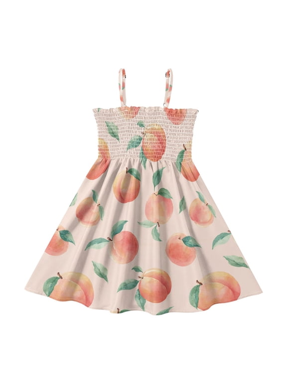 Little Girls Sleeveless Sundress Pleated Ruffle Trim Smocked Top Casual Spaghetti Strap Summer Dress Pale Pink Peach's Pattern 2Y