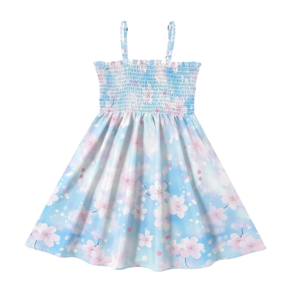Little Girls Sleeveless Sundress Pleated Ruffle Trim Smocked Top Casual Spaghetti Strap Summer Dress Pastel Blossoms 2Y