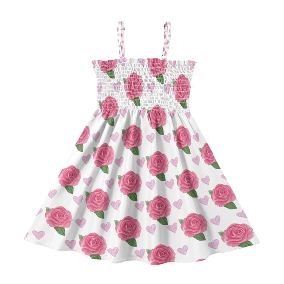Little Girls Sleeveless Sundress Pleated Ruffle Trim Smocked Top Casual Spaghetti Strap Summer Dress Pink Roses and Red Hearts 2Y
