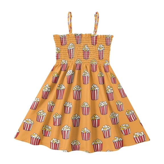 Little Girls Sleeveless Sundress Pleated Ruffle Trim Smocked Top Casual Spaghetti Strap Summer Dress Popcorn Pattern 2Y
