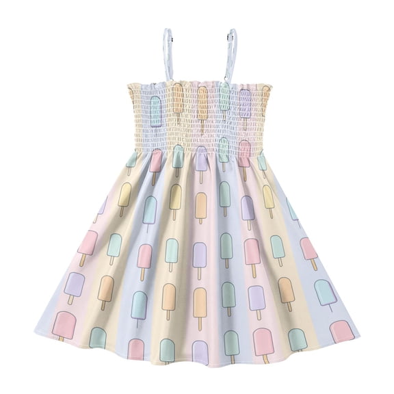 Little Girls Sleeveless Sundress Pleated Ruffle Trim Smocked Top Casual Spaghetti Strap Summer Dress Popsicle Pattern 2Y
