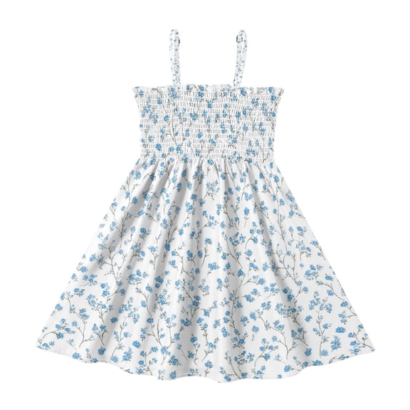 Little Girls Sleeveless Sundress Pleated Ruffle Trim Smocked Top Casual Spaghetti Strap Summer Dress Small Blue Floral Pattern 2Y