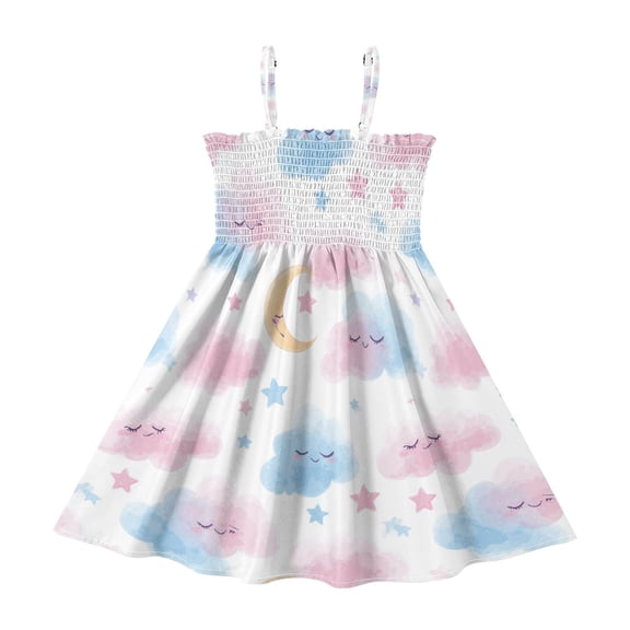 Little Girls Sleeveless Sundress Pleated Ruffle Trim Smocked Top Casual Spaghetti Strap Summer Dress Smiling Moon and Colored Clouds 2Y