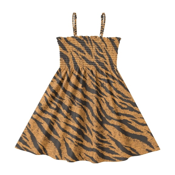 Little Girls Sleeveless Sundress Pleated Ruffle Trim Smocked Top Casual Spaghetti Strap Summer Dress Tiger Stripes Pattern 2Y