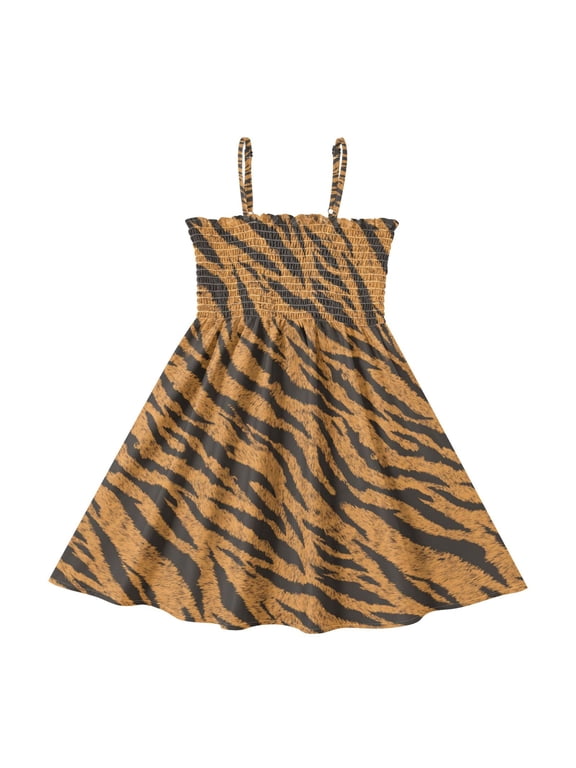 Little Girls Sleeveless Sundress Pleated Ruffle Trim Smocked Top Casual Spaghetti Strap Summer Dress Tiger Stripes Pattern 2Y