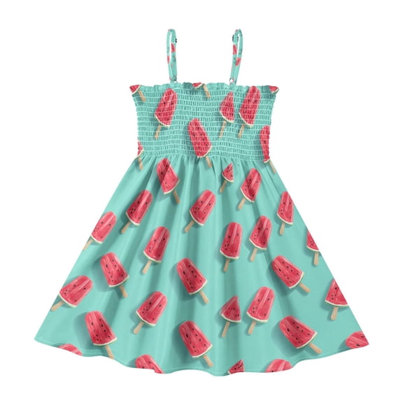 Little Girls Sleeveless Sundress Pleated Ruffle Trim Smocked Top Casual Spaghetti Strap Summer Dress Watermelon Popsicle Pattern 2Y