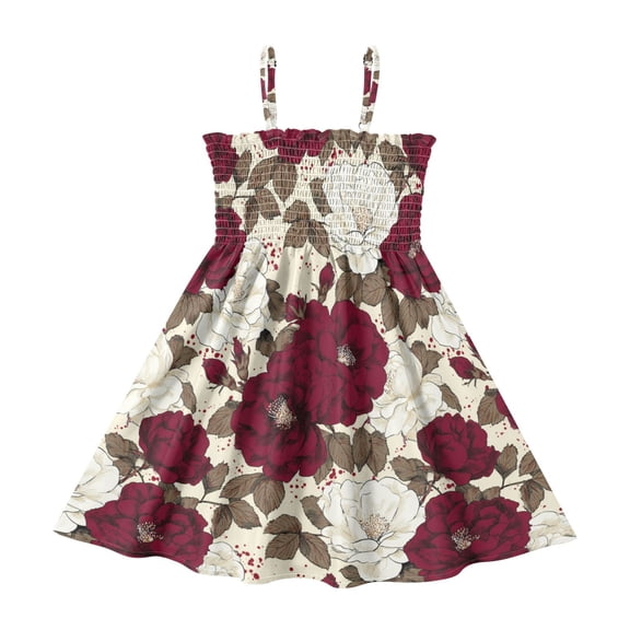 Little Girls Sleeveless Sundress Pleated Ruffle Trim Smocked Top Casual Spaghetti Strap Summer Dress White and Crimson Roses Pattern 2Y