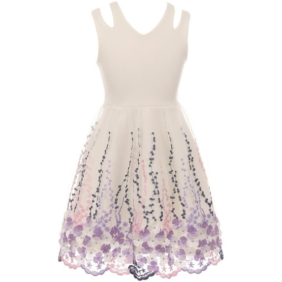 Little Girls Sleeveless Tulle Embroidered Flowers Easter Special Occasion Flower Girl Dress Off White 4 (J21KS15)
