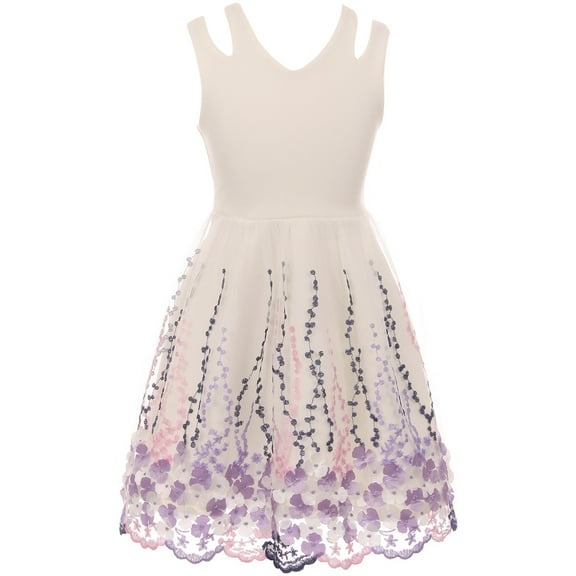 Little Girls Sleeveless Tulle Embroidered Flowers Easter Special Occasion Flower Girl Dress Off White 4 (J21KS15)