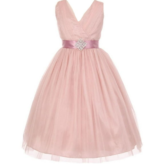Little Girls Sleeveless V Neck Tulle Rhinestone Party Birthday Flower Girl dress Blush Size 2
