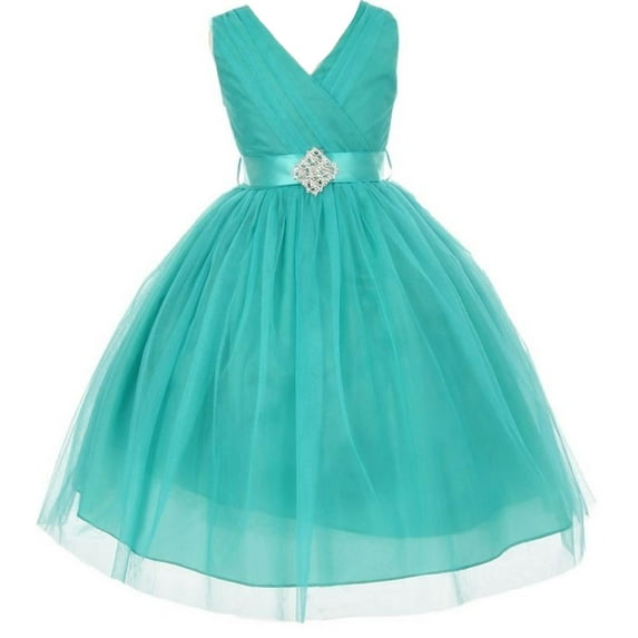 Little Girls Sleeveless V Neck Tulle Rhinestone Party Birthday Flower Girl dress Jade Size 2