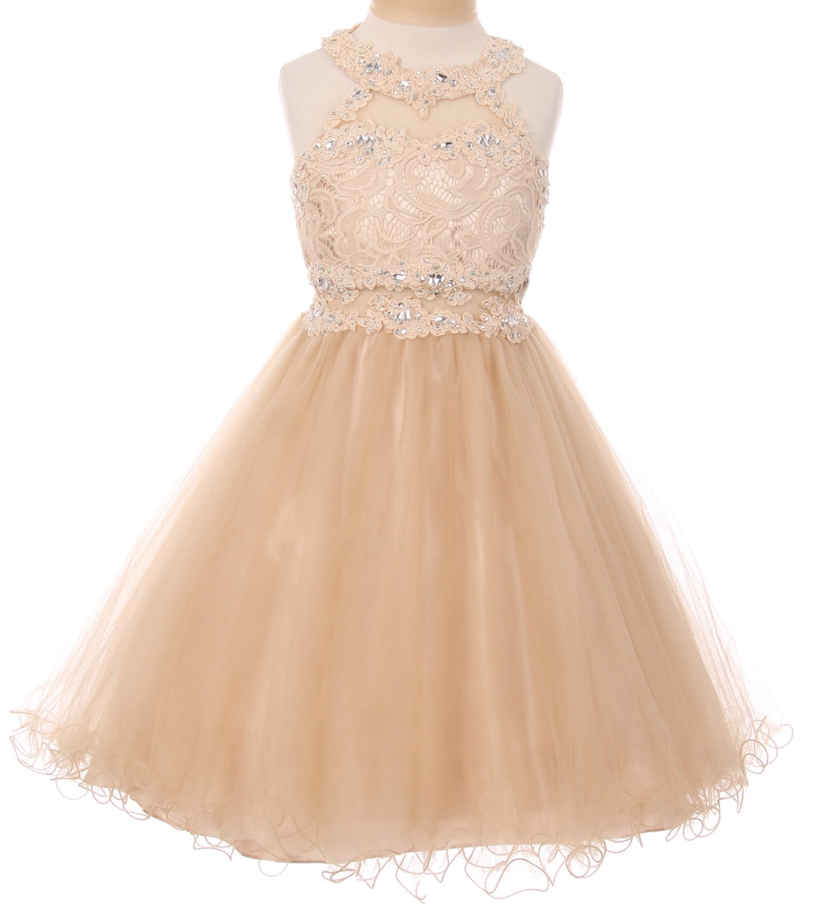 Little Girls Sparkle Rhinestones Halter Lace Junior Bridesmaid Pageant Flower  Girl Dress Champagne 4 (C50C40C) - Walmart.com