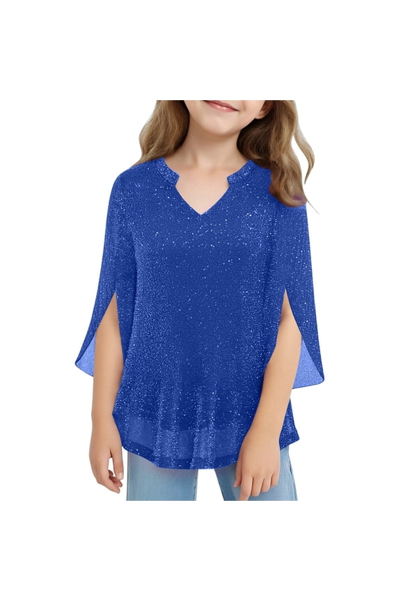 Little Girls Sparkling Top With Threads Mesh Layered Design Summer Long Sleeve Shirt Casual Blouse Clothes