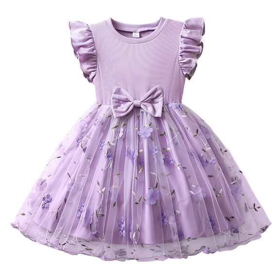 Little Girls Spring Dress Floral Embroidery With Bow Tie Puffed Sleeves Graduation Dress For Girls Size 6-7T
