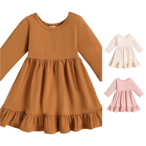 Little Girls Spring and Autumn Solid Color Dress Girls Long Sleeve Round Neck A Line Skirt Dress Baby Girls 2-3 Years
