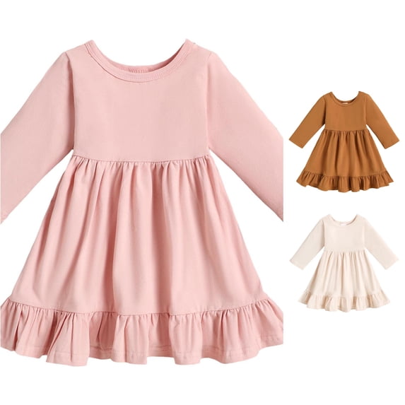 Little Girls Spring and Autumn Solid Color Dress Girls Long Sleeve Round Neck A Line Skirt Dress Baby Girls 6-12 Months