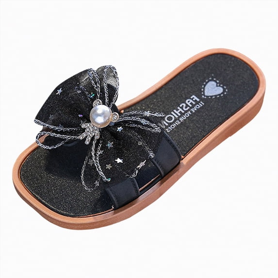 Little Girls Strappy Slip On Sandals Shiny Butterfly Bowknot Decor Soft Flat Sole Toddler Kids Casual Outdoor Comfort Footwear Gibobby,13.5,Black