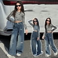 thumbnail image 1 of Little Girls Stretch Denim Pants Wide Leg Straight Fit Casual Elastic Waist Pants Size 5-6T ,Blue, 1 of 8