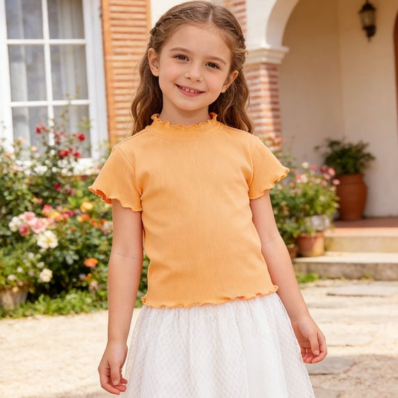 Little Girls Stretchy Short Sleeve Tee, Ruffle Casual Top For Summer Outdoor Play