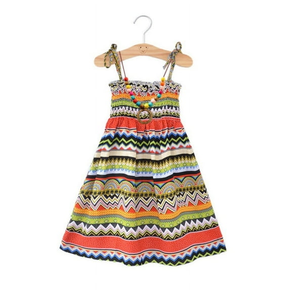Little Girls Summer Beach Floral Midi Dress With Necklace