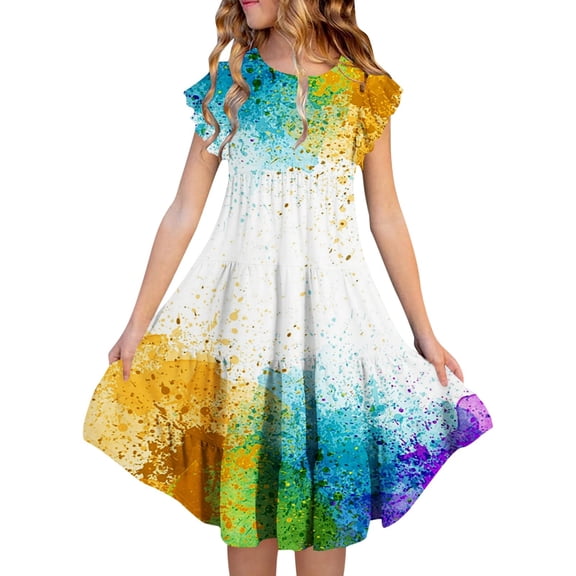 Little Girls Summer Dress Double Layer Flutter Sleeve Flowy A Line Gradient Midi Vacation Dress Size 8-9T