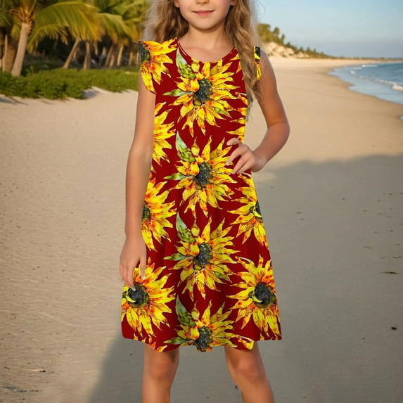 Little Girls Summer Dress Trendy Floral Print Ruffle Sleeve Sundress Casual Party School Dresses Clothes For Kids Red 7-8 Years
