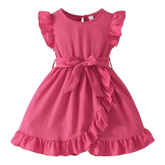 Little Girls Summer Dresses Casual Flutter Sleeve Stripes Crewneck Belted Dress For Kids Size 5-6T