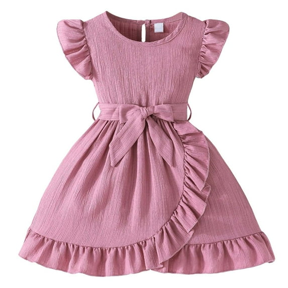 Little Girls Summer Dresses Casual Flutter Sleeve Stripes Crewneck Belted Dress For Kids Size 6-7T