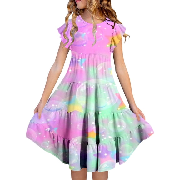 Little Girls Summer Dresses Double Layer Flutter Sleeve Flowy A Line Casual Gradient Midies Hawaiian Dresses For Girls Size 6-7T