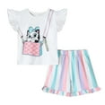 thumbnail image 1 of Little Girls' Summer Outfits Cat Print T Shirt and Striped Shorts Set With Bow Bag Size 7-8T, 1 of 6