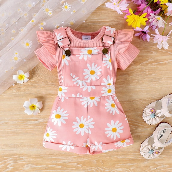 Little Girls Summer Outfits Newborn Baby Girl Summer Clothes Ribbed Ruffle Short Sleeve Romper Daisy Suspender Overall Shorts 2Pc Outfits