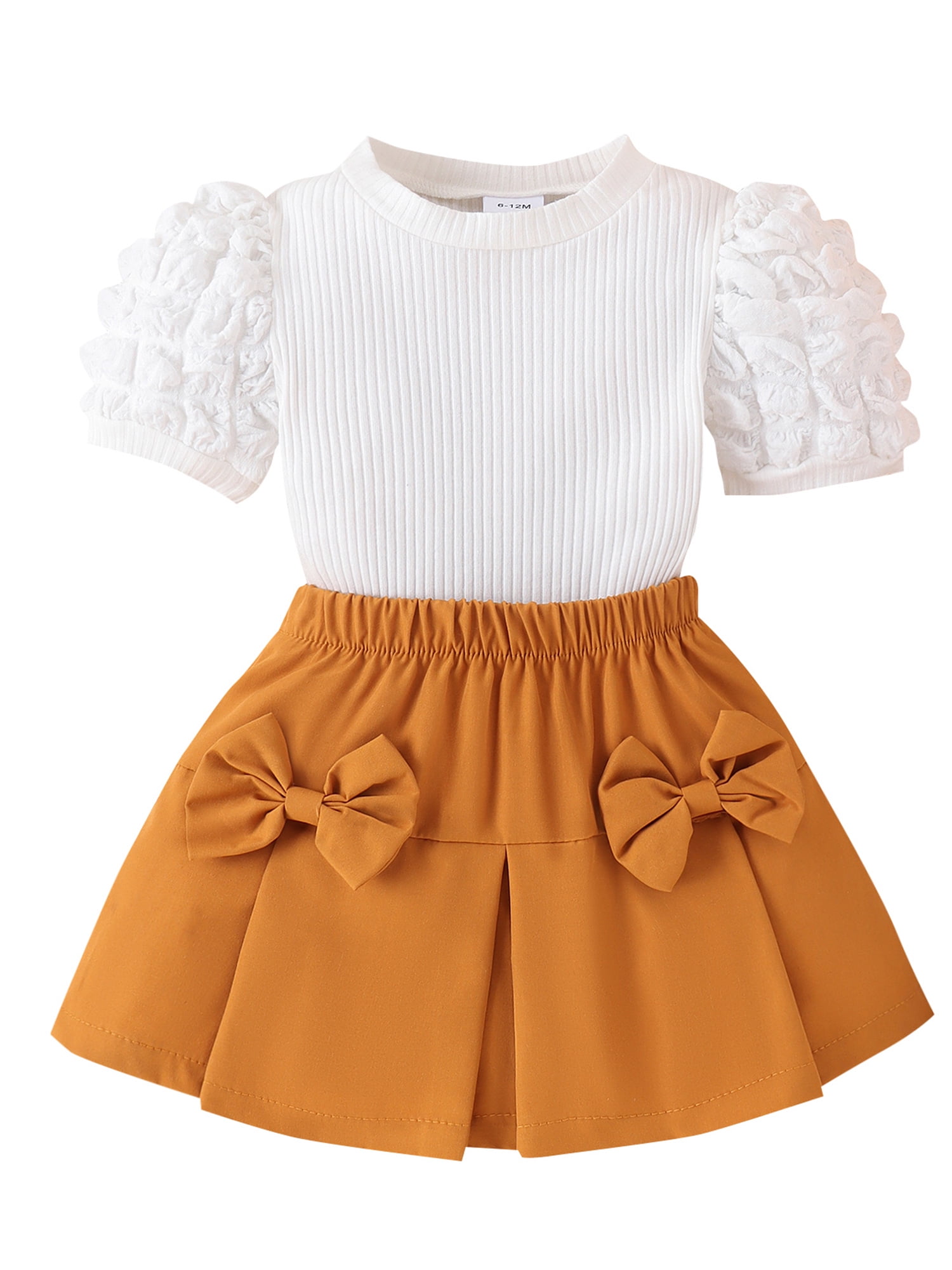 Little Girls Summer Outfits, Round Neck Puff Sleeve Ribbed Tops