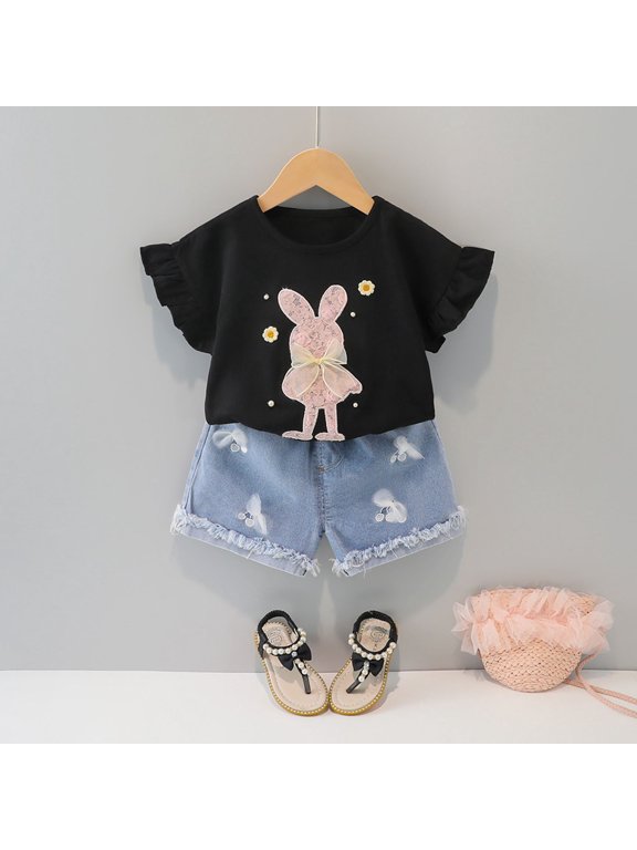 Little Girls Summer Outfits Toddler Easter Clothes Baby Outfit Cute Bunny Bow Applique Shirts Tops Denim Shorts Set Clothes