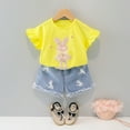 thumbnail image 1 of Little Girls Summer Outfits Toddler Easter Clothes Baby Outfit Cute Bunny Bow Applique Shirts Tops Denim Shorts Set Clothes, 1 of 8